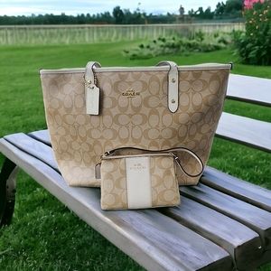 COACH Zip Top Tote In Signature Canvas & Wristlet